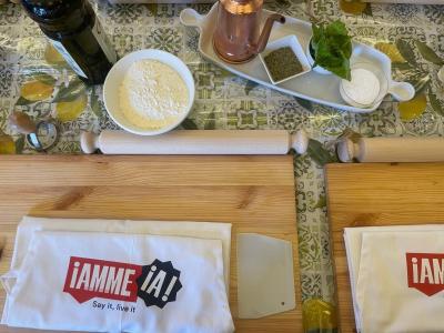 Cooking ingredients: flour, basil, spices, oil.